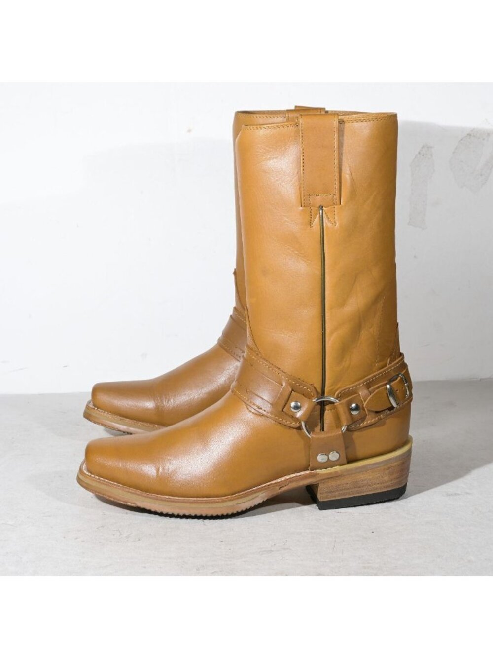 Vintage Tan Leather Harness Boots Square Toe Deadstock Men's Size 9 Joe Boots - Picture 2 of 6